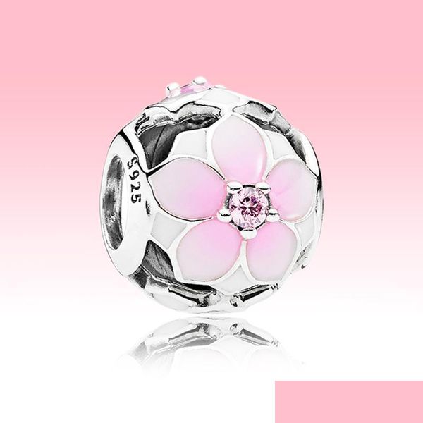 Charms calado Pink Magnolia Flower Charm con caja original para Pandora 925 Sterling Sier Beads Bangle Bracelet Making Drop Deliver Dhfha