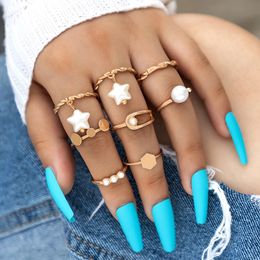 Charms Pearl Stone Star Ring Sets New Gold Color Geometry Alloy Metal para mujeres Bohemian Jewelry 8pcs / sets