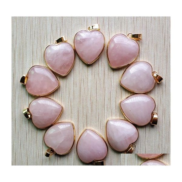 Charms Cuarzo rosa Collar de cristal Piedra natural Lado dorado Colgantes de corazón Cuentas de moda 20 mm para hacer joyas DIY Piedras preciosas Dr Dh4Eg