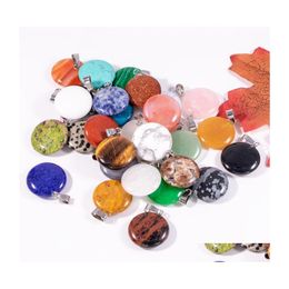 Charms Skeleton Natural Crystal Opal Rose Quartz Tigers Eye Stone Flat Round Form Pendant voor doe -het -zelf oorbellen ketting sieraden maken Dhx2o