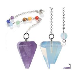 Charms Pendum en pierre naturelle de petite taille pour les améthystes de radiesthésie Lapis Opal Cône de cristal Guérison Chakra Chaîne Pendentifs hexagonaux Collier Dhiap