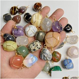 Charms Stone hanger Gold Wrap Irregar Rose Quartz Agate Tiger Eye kralen kristallen hangers voor sieraden maken ketting Earrin Dhgarden Dhgvi