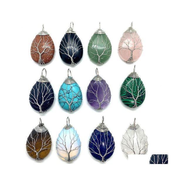 Charmes Arbre Fil Wrap Pierres De Cristal Naturel Goutte D'eau Oeil De Tigre Noir Onyx Rose Quartz Pierre Charme Perles Pendentifs Pour Jewelr Hjewel Dhrxr