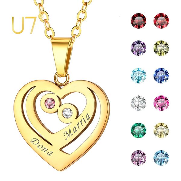 Charms U7 Collier de noms personnalisés en acier inoxydable avec pierres de naissance gravées pendentif coeur en couches bijoux personnalisés pour maman grand-mère 231128