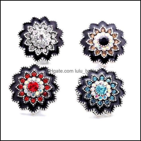 Encantos al por mayor Cristal Sier Color Botón a presión Mujeres Negro Pintura Joyas Hallazgos Hollow Rhinestone 18Mm Broches de metal Botones Diy Dhovd