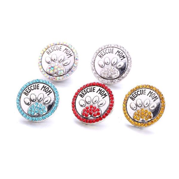 Encantos al por mayor Rescue Mom Paw Snap Button Charms Pet Loved Jewelry Findings Crystal Beads Rhinestone 18Mm Metal Snaps Botones Diy Dhojz