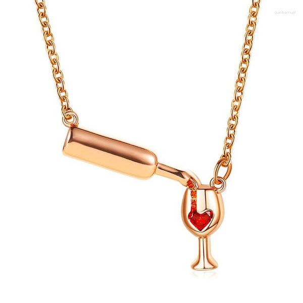 Breloques femmes coeur rouge bouteille de vin colliers cristal strass or Rose argent couleur amour verre pendentif charme bijoux chaîne de clavicule