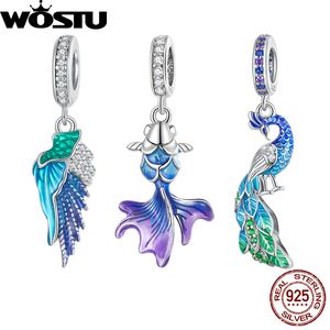 Charms WOSTU 925 Plata de Ley colorido ala de Ángel dijes de pavo real colgante arcoíris cuentas de pez ajuste pulsera collar DIY fabricación de joyas 230506