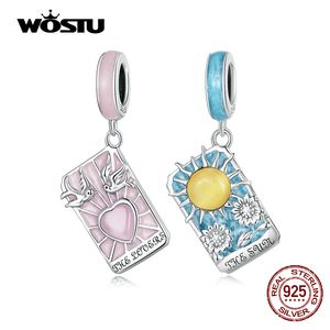 Charms Wostu 925 Sterling Silver Pink Heart Blue Tarot Cards Lovers Charm Pendts passen originele DIY Bracelet Necklace Birthday Jewelry 230506