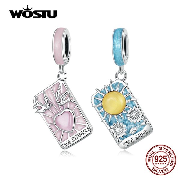 Breloques WOSTU 925 Sterling Silver Pink Heart Blue Tarot Cards Lovers Charm Pendentifs Fit Original DIY Bracelet Collier Anniversaire Bijoux 230506