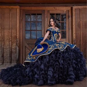 Charro geborduurd blauwe quinceanera -jurken afneembare trein gelaagd uit schouderboog terug korset 15 meisjes feest prom ball jurk