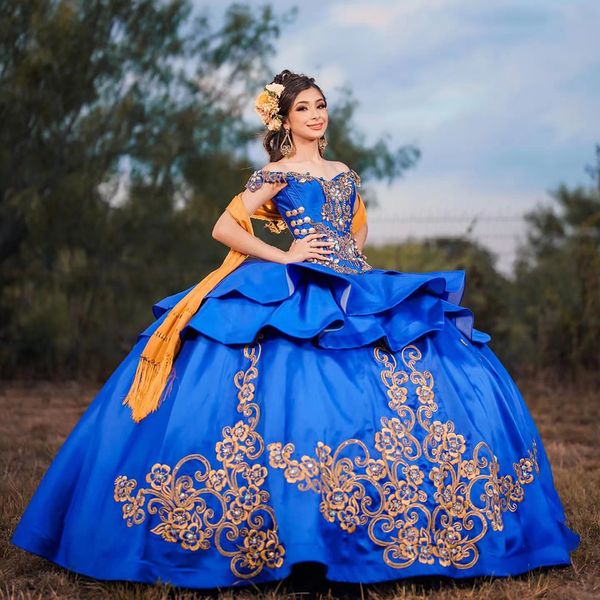 Charro Quinceanera robe robes De bal or appliqué hors épaule princesse fête douce 16 robe De bal Vestidos De 15 Anos Corset