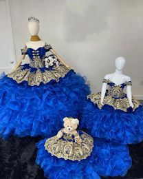 Charro Robes De 15 Anos Bleu Royal Quinceanera Robes Fer À Cheval Dentelle Mexicaine XV Filles Pageant Robes Organza Robe De Bal 322