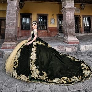 Charro Robes De XV A￱os Hunter Vert Quinceanera Robes Broderie Perles Velours Paillettes Mexicain Doux 15 Anniversaire Porter