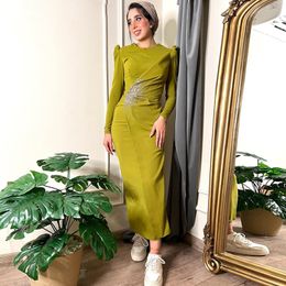 Chartreuse o nek schede prom jurken kraal enkel lengte moslim dames formele jurk lange mouw satijn Arabische Dubai avond feestjurk 326