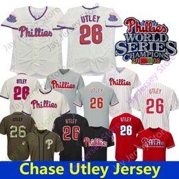 Chase Utley Jersey Philadelphie 2008 Champions Patch Home Way Cool Base Rouge Blanc Broderie Button Down Pinstripe