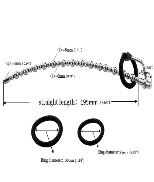 Dispositivos de castidad 21 cm de largo, flexible, masculino, de acero inoxidable, con sonido uretral, cuentas de estiramiento con 2 anillos de silicona para estimular el pene 8096191