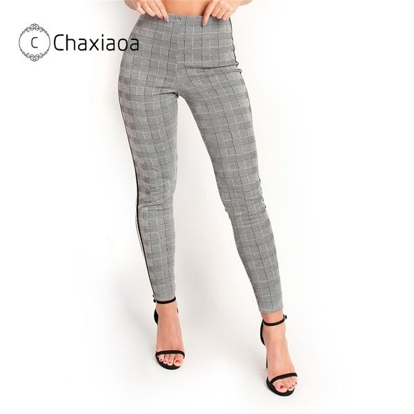 CHAXIAOA Gris Blanc Pantalon À Carreaux Pantalon De Jogging Femmes Side Stripe Pantalon Casual Coton Confortable Taille Haute Pantalon Joggers X117 201031