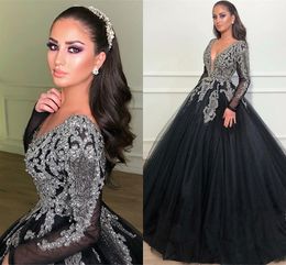 Sexy robe de bal manches longues robes de soirée 2019 noir col en v classique appliques perles Top robes de bal robes de soirée formelles Pageant