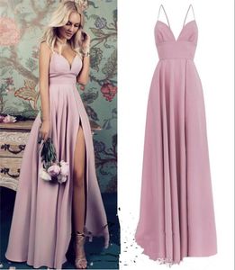 Goedkope 2019 Dusty Pink Satin Spaqhetti A Line Bruidsmeisjes Jurken Eenvoudige Lange High Split Plus Size Beach Maid van Honours Bruiloft Gastsjurken