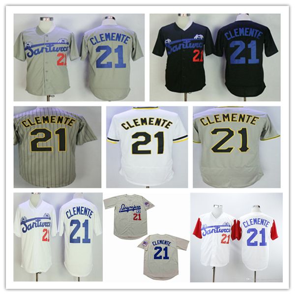 Hommes 21 Santurce Crabbers Jersey Baseball Porto Rico Roberto Clemente Uniformes Cousus Pittsburgh Retro Maillots Noir Blanc Gris Rouge Blanc Crème Alternatif