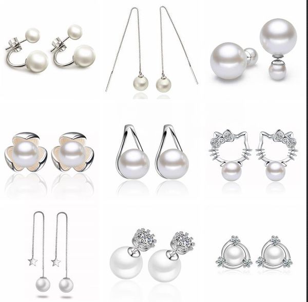 Pas cher 925 argent sterling perle boucles d'oreilles pendantes bijoux pour femmes haute qualité grande perle charme strass perle boule boucles d'oreilles bijoux