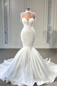 High Neck Mermaid Wedding Jurken Princess Lace Crystal Luxe Satin Elegante Appliques Mouwloze bruidsjurken Robe de Mariage BC12581