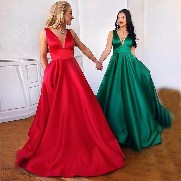 Barato Una línea de vestidos de noche bolsillo con cuello en V sin mangas largo formal fiesta de graduación Vestido largo de cuerpo entero Verde oscuro Rojo Vestido De Fiesta C117