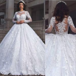 Goedkoop een bescheiden lijn trouwjurken juwelen nek appliques volle kanten kristal lange mouwen illusie illusie vegen trein cuatom plus size bruidsjurken ppliques ppliques