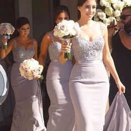 Robes de demoiselle d'honneur lilas africaines pas cher bretelles spaghetti dentelle appliques sirène perlée plus la taille longue demoiselle d'honneur robe d'invité de mariage