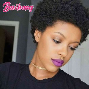 Pas cher Afro Cheveux Humains Crépus Bouclés Perruques Pour Les Femmes Noires Court Bob Naturel Fluffy Perruque Brésilienne Vente Sans Colle Baihong 220609