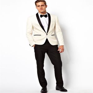 Pas cher et fin un bouton ivoire garçons d'honneur châle noir revers marié Tuxedos hommes costumes mariage bal homme Blazer veste pantalon Ti334c