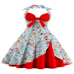 Pas cher Audrey Hepburn 1950 Rockabilly Robes décontractées Halter robe de bal Vintage imprimé fleurs Slim longueur au genou femmes robes de soirée FS275r