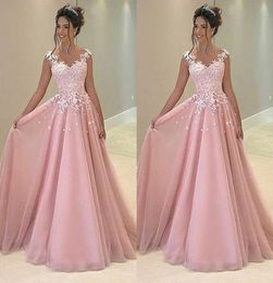 Baby Baby Pink 2021 Prom Vestidos de fiesta Apliques Lace A Línea Tul Dresses Long Destino Cóctel Formal Cóctel Vestido3679459