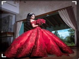 Vestido de fiesta barato, vestidos de quinceañera rojos para niñas, apliques de satén con hombros descubiertos, vestido de fiesta largo dulce 16, vestidos formales 5692913