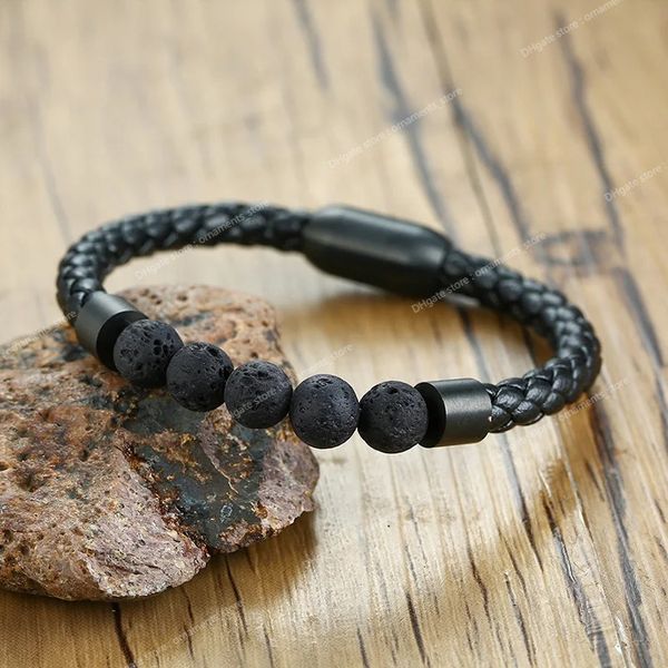 Joyería de chakra de hombre de acero de titanio Venta al por mayor Brazaletes con cuentas volcánicas de cuero negro de acero inoxidable para hombres Pulseras de cuero de piedra Joyería de modaPulseras