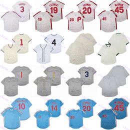Jerseys de baseball pas cher 1 Ashburn / 10 Daulton / 14 Rose / 19 Luzinski / 20 Schmidt / 45 McGraw Vintage rétro gris blanc rouge Blue Mesh