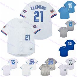 Goedkope honkbaltruien 11 pilaar /12 Alomar /21 Clemens /29 Carter /8 Dawson /20 Cabrera /35 Willis vintage retro blauw wit grijs shirt gestikt