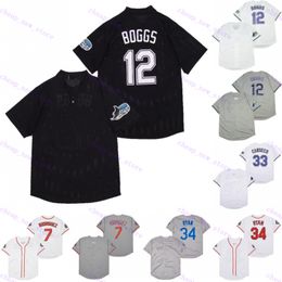 Jerseys de baseball pas cher 12 Boggs / 33 Canseco / 7 Rodriguez / 34 Ryan 1988 Vintage rétro blanc gris bleu chemise de chemise noire cousée