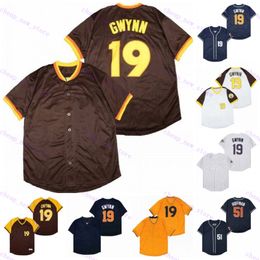 Jerseys de baseball pas cher 19 Gwynn / 51 Hoffman Vintage rétro blanc brun brun foncé