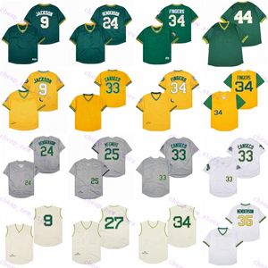 Jerseys de béisbol baratos 9 Jackson /24 Henderson /33 CANSECO /25 MCGWIRE /27 Cazador /34 dedos /44 Jackson Vintage Retro Cream Blanco Amarillo Costado