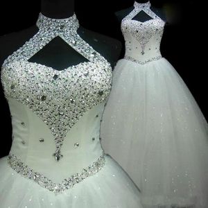 Goedkoop Strand Halter Sexy Kralen Een lijn Tule Plus Size Trouwjurken Lange Bruiloft Gastjurken Maid of Honour Dress 2019 Echte foto