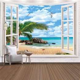 Goedkoop strand buiten de deur tapijt hippie muur hangend groot bedrukt landschap oceaan kunst muur doek tapijt plafond kamer decor