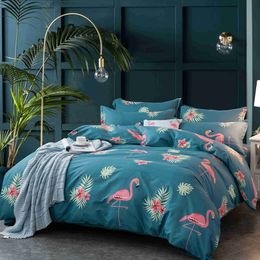 Goedkope beddengoed set 4 stks dekbedovertrek platte blad kussenslopen flagomings bloemen gedrukt single dubbele tweeling queen size bed sets C0223