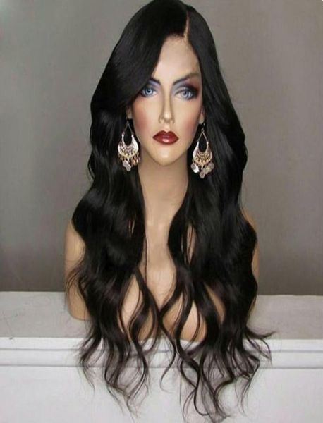 Perruque Lace Front Wig synthétique noire bon marché, perruque ondulée résistante à la chaleur de densité 180 avec raie latérale de cheveux de bébé pour femmes noires6164418