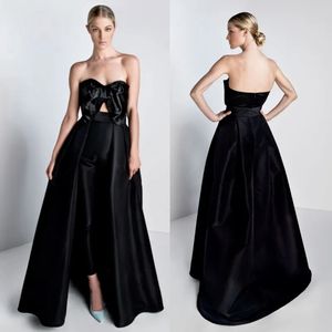 Combinaisons noires bon marché, robes de bal avec traîne détachable, nœud sans bretelles, robes de soirée formelles, surjupe en Satin, robe de bal
