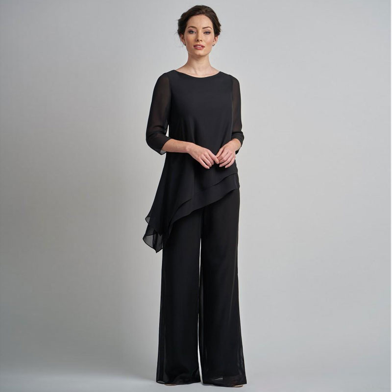 Ucuz Siyah Uzun Kollu Anne Gelin Pant Suit Jewel Boyun Katmanlı Düğün Konuk Elbise Artı Boyutu Şifon Anneler Damat Elbiseler