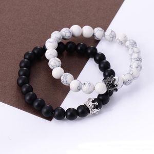 Goedkoop zwart wit steen kralen kroon armband voor vrouwen mannen paar armbanden armbanden sieraden minnaar geschenk