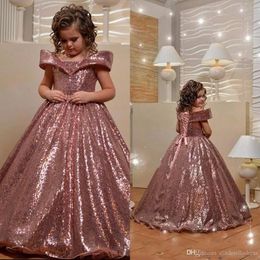 Goedkope bling rosé goudbaljurk optocht op weg naar schouderbodem lengte een lijn kind prom jurk bloemenmeisjes jurken 2024