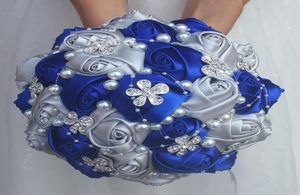 Goedkoop Blauw Zilver boeket Rose Bruidsmeisje Bruiloft Foam bloemen Rose Bruidsboeket Lint Nep Bruiloft boeket9875794